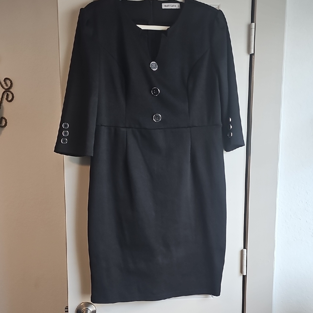 Grace Karin Black Midi Sheath Dress Crew Neck